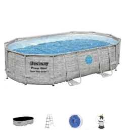 Bestway Piscine|Piscina fuori terra con struttura ovale "power steel swim vista" con oblo' effetto pietra 488x305x107 cm