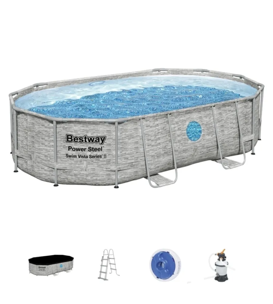 Bestway Piscine|Piscina fuori terra con struttura ovale "power steel swim vista" con oblo' effetto pietra 488x305x107 cm