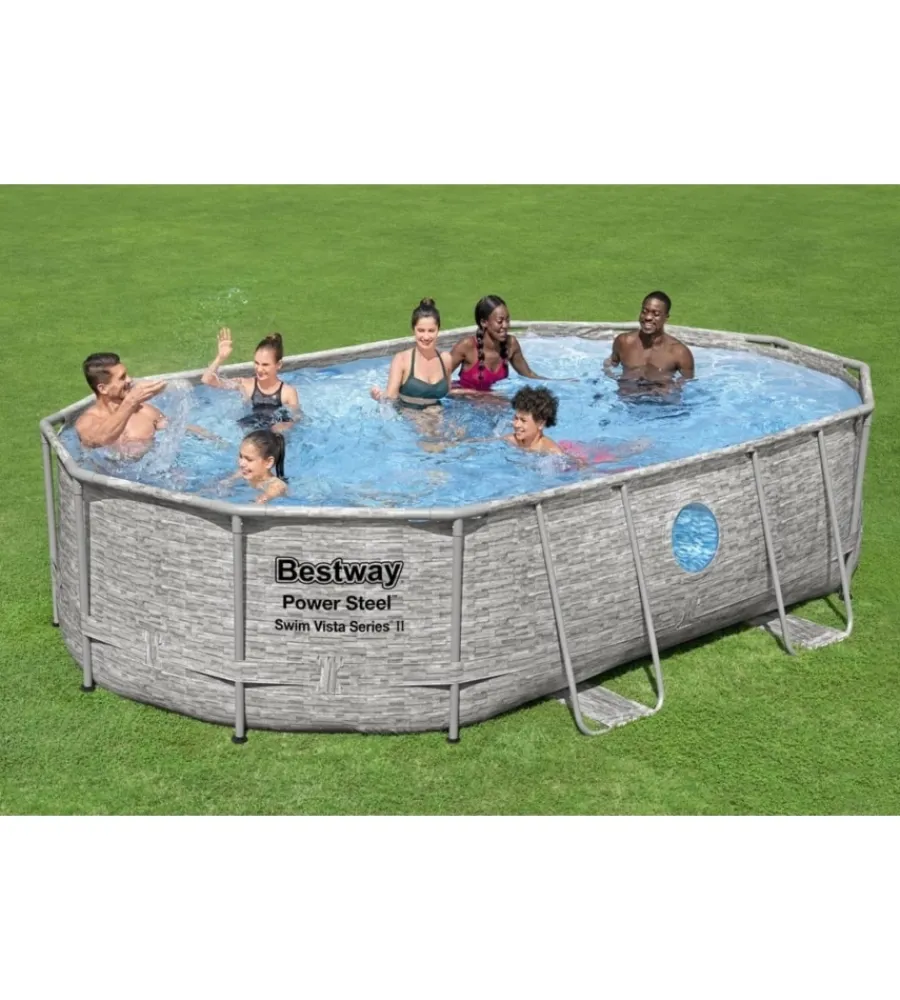 Bestway Piscine|Piscina fuori terra con struttura ovale "power steel swim vista" con oblo' effetto pietra 488x305x107 cm