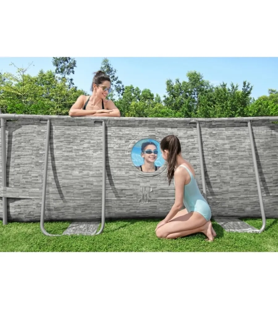 Bestway Piscine|Piscina fuori terra con struttura ovale "power steel swim vista" con oblo' effetto pietra 488x305x107 cm