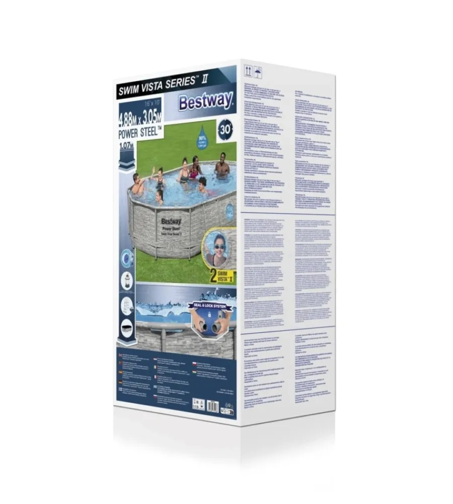 Bestway Piscine|Piscina fuori terra con struttura ovale "power steel swim vista" con oblo' effetto pietra 488x305x107 cm