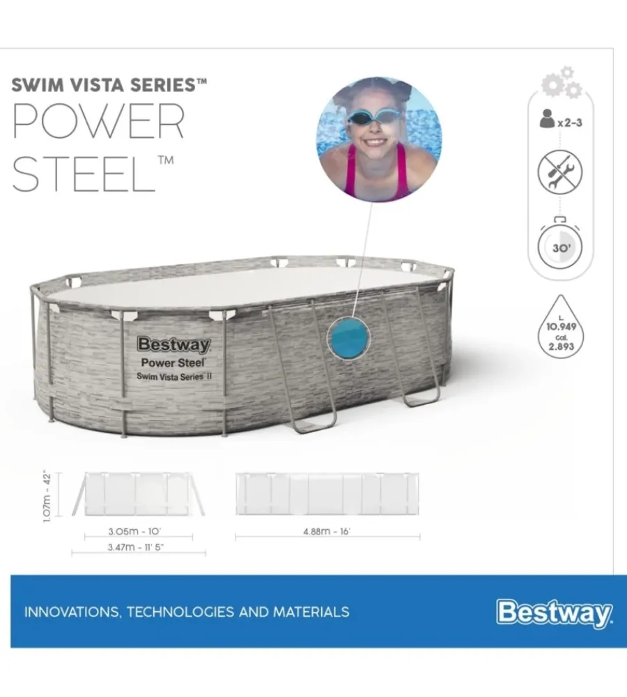 Bestway Piscine|Piscina fuori terra con struttura ovale "power steel swim vista" con oblo' effetto pietra 488x305x107 cm