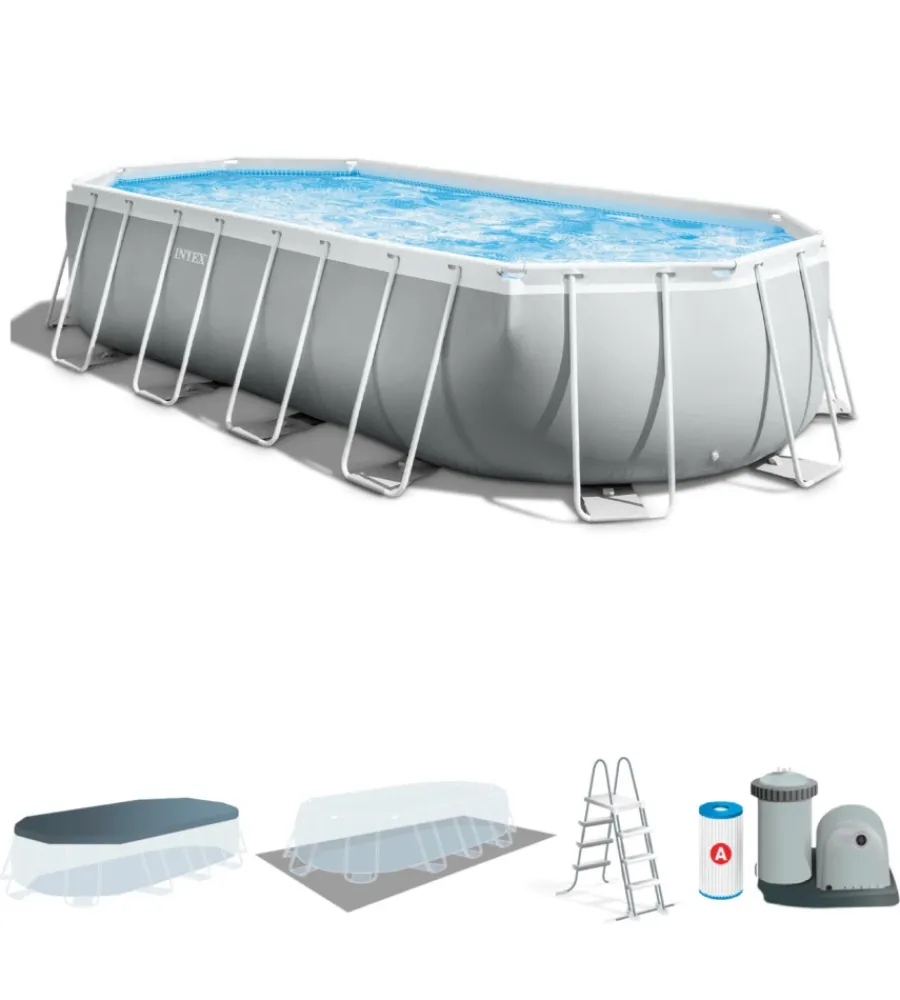 Clearance Piscina fuori terra con struttura ovale "prisma" con pompa filt grigio chiaro 610x305x122 cm - cod. 26798np Piscine