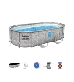Piscina fuori terra con struttura ovale "power steel" con filtro, scala, copertura, chemconnect ย e oblo' effetto finta pietra 427x250x100 cm - cod. 56714 Piscine