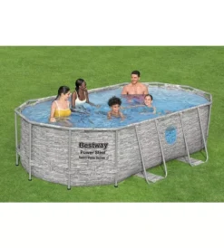 Piscina fuori terra con struttura ovale "power steel" con filtro, scala, copertura, chemconnect  e oblo' effetto finta pietra 427x250x100 cm - cod. 56714 Piscine