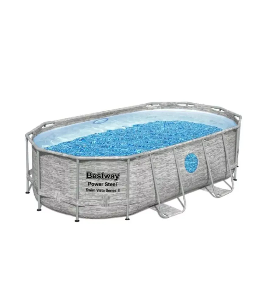 Piscina fuori terra con struttura ovale "power steel" con filtro, scala, copertura, chemconnect e oblo' effetto finta pietra 427x250x100 cm - cod. 56714 Piscine