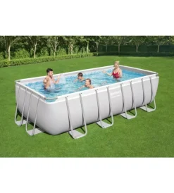 Piscine-Bestway Piscina fuori terra con struttura rettangolare "power steel frame" con filtro a sabbia, scaletta e telo di copertura grigio chiaro 488x244x122 cm  - cod. 56671