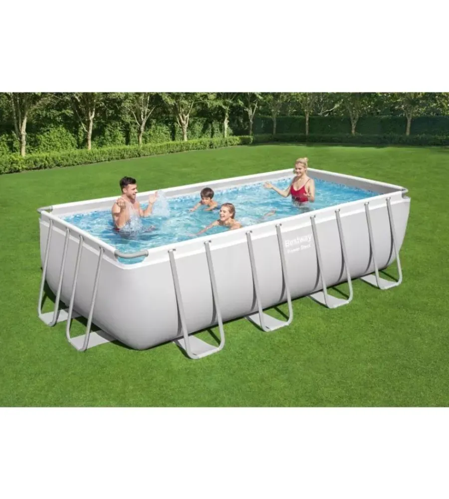 Piscine-Bestway Piscina fuori terra con struttura rettangolare "power steel frame" con filtro a sabbia, scaletta e telo di copertura grigio chiaro 488x244x122 cm - cod. 56671