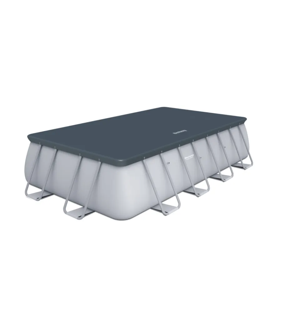 Piscine-Bestway Piscina fuori terra con struttura rettangolare "power steel frame" con filtro a sabbia, scaletta e telo di copertura grigio chiaro 488x244x122 cm - cod. 56671