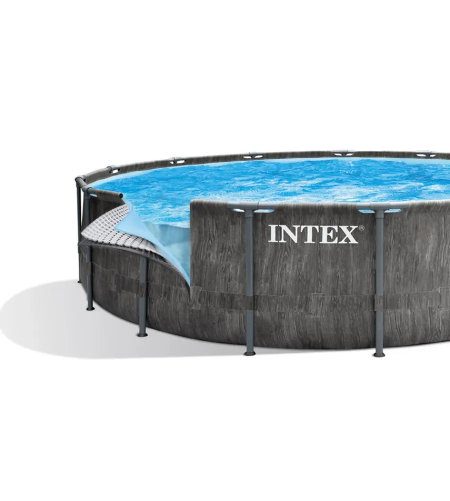 Piscine-Intex Piscina fuori terra con struttura rotonda "prisma frame greywood" effetto legno antracite 549x549x122 cm - cod. 26744np