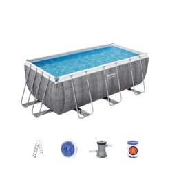 Piscine-Bestway Piscina fuori terra con struttura rettangolare "power steel frame" con copertura, filtro, scala e chemconnect effetto rattan 488x244x122 cm - cod. 56996