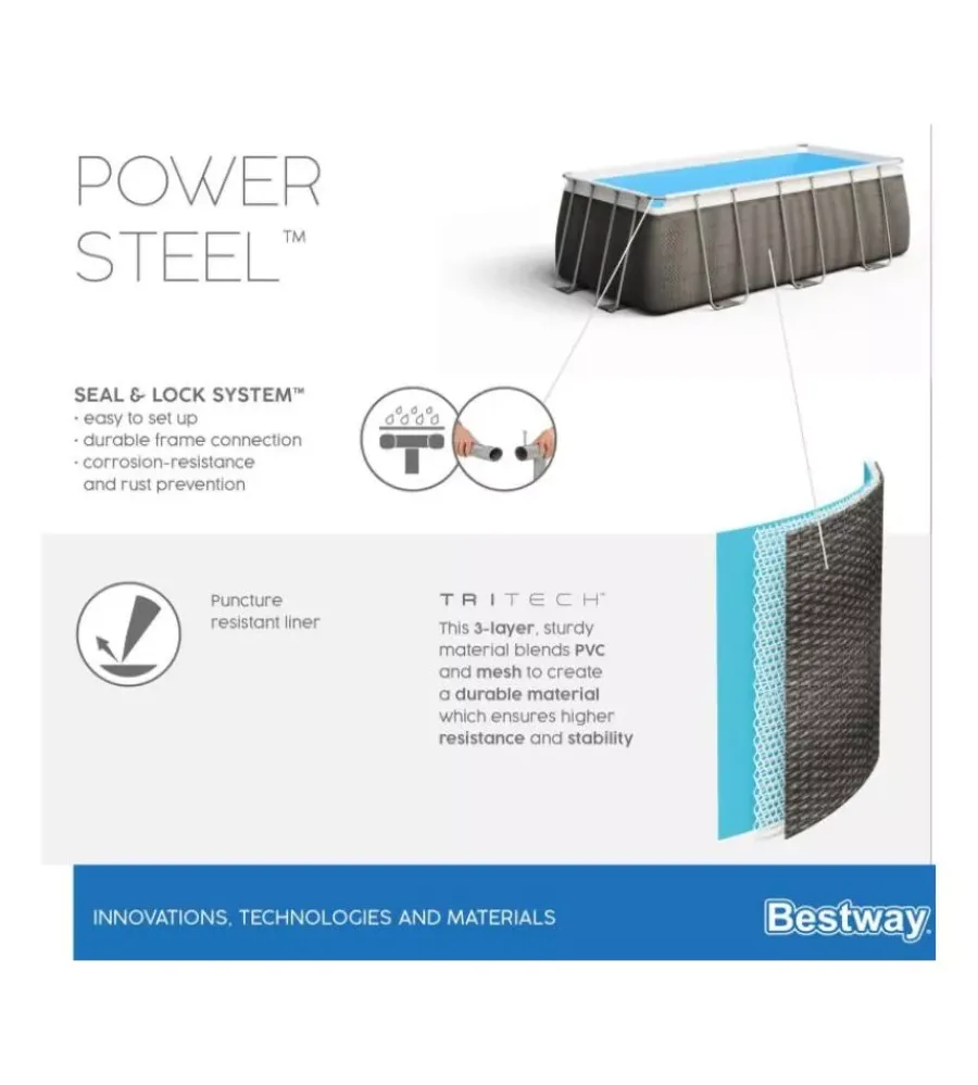 Piscine-Bestway Piscina fuori terra con struttura rettangolare "power steel frame" con copertura, filtro, scala e chemconnect effetto rattan 488x244x122 cm - cod. 56996
