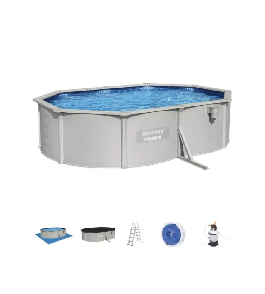 Bestway Piscine|Piscina fuori terra rotonda "hydrum" 500x360x120 cm con pompa filtro a sabbia copertura, tappetino base, skimmer, scaletta e dispenser chemconnect - cod. 56586