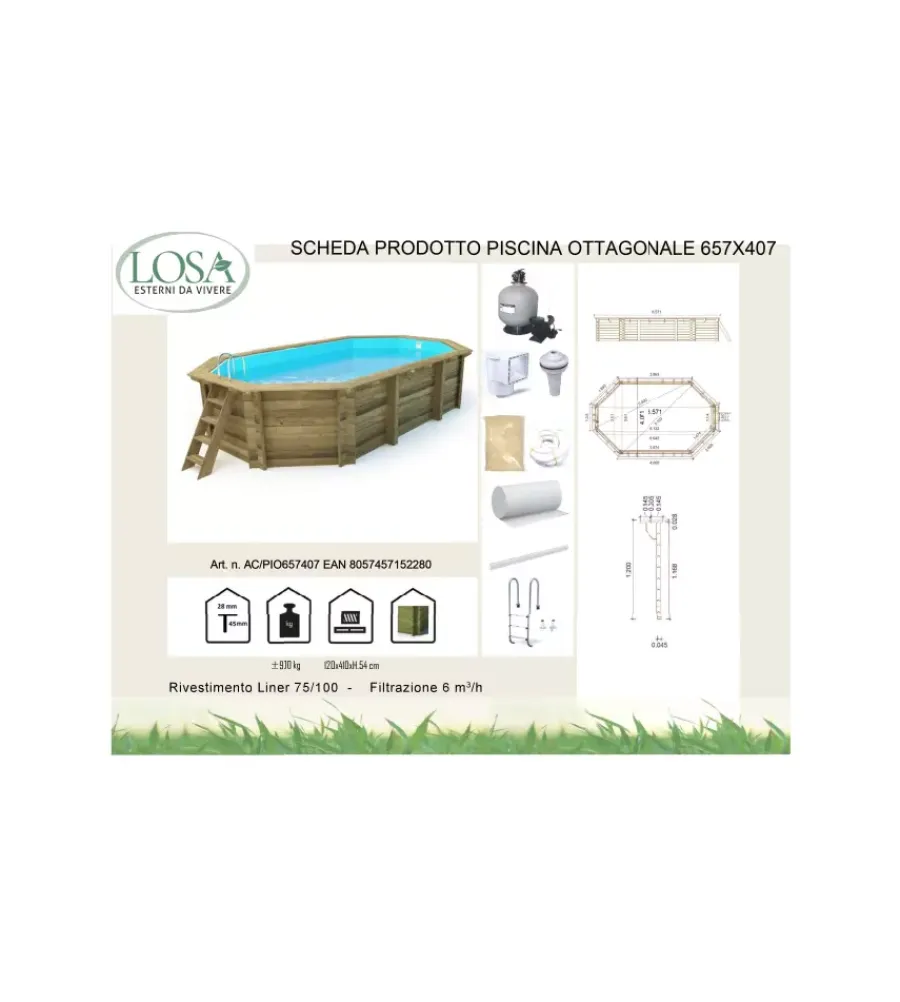 Piscine- Piscina ottagonale in legno di pino impregnato in autoclave, 657x407 cm