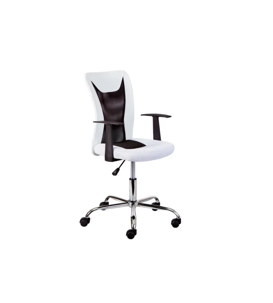 Sedie Ufficio- Poltroncina ufficio bianca con braccioli e ruote, 55x54,5x85-95 cm
