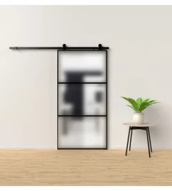 Porte, Scale E Pavimenti|Porta scorrevole in alluminio nero e 3 sezioni in vetro satinato 96x220 cm