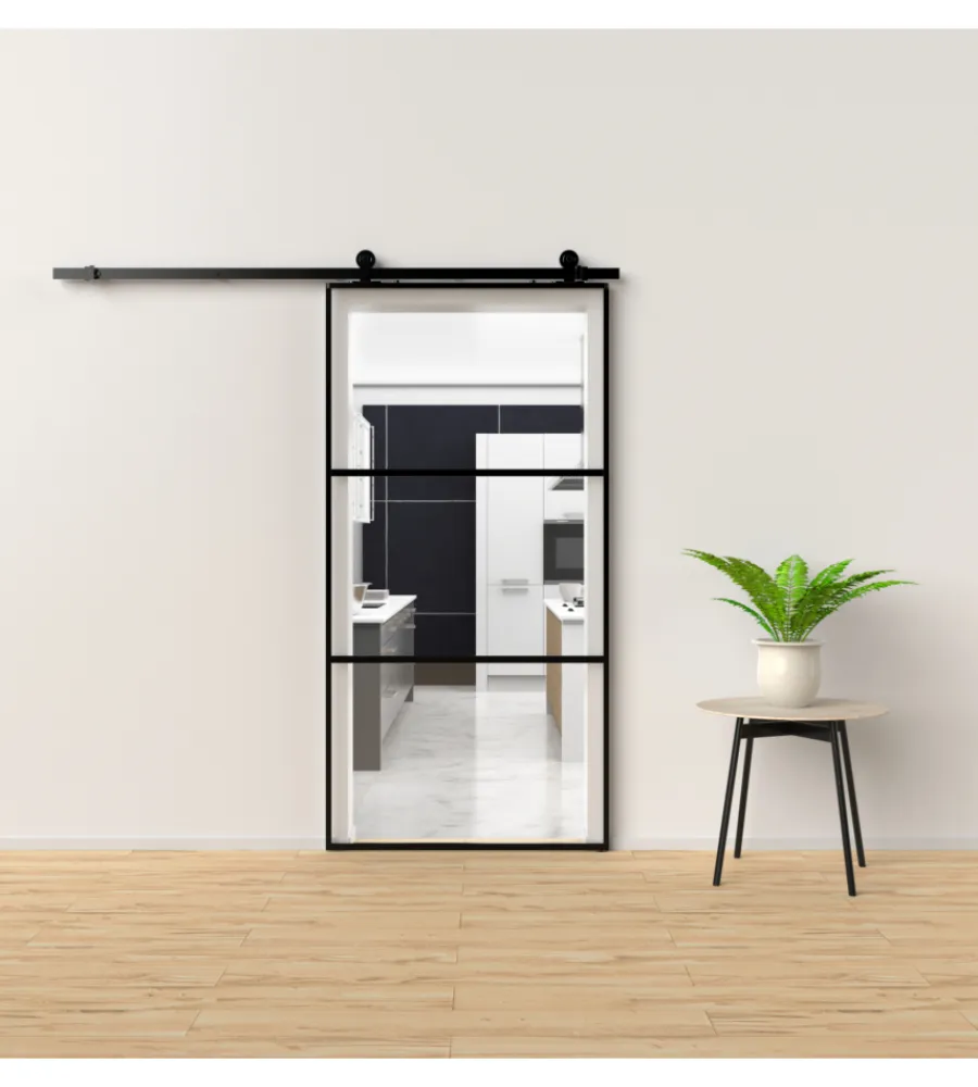 Porte, Scale E Pavimenti- Porta scorrevole in alluminio nero e 3 sezioni in vetro trasparente 96x220 cm