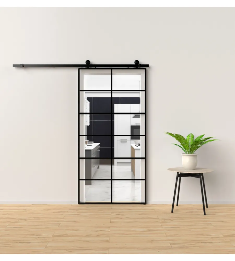 Porte, Scale E Pavimenti- Porta scorrevole in alluminio nero e 12 sezioni in vetro trasparente, 96x220 cm