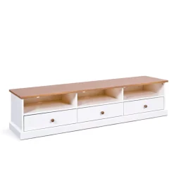 Pareti Soggiorno E Porta Tv- Porta tv in pino massello bianco e noce 3 cassetti, 180x45,5x41 cm