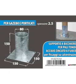 Ferramenta Per Esterno|Portapali ancoraggio d'appoggio per pali tondi ø 80 x 150 x 150 mm.