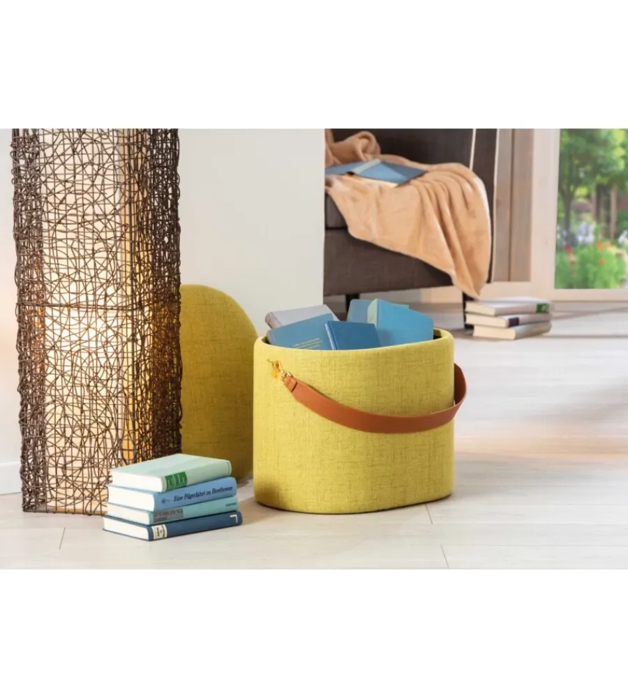 Poltrone E Pouf- Pouf giallo con contenitore e maniglia in ecopelle, 42x30x36cm