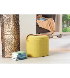Poltrone E Pouf- Pouf giallo con contenitore e maniglia in ecopelle, 42x30x36cm