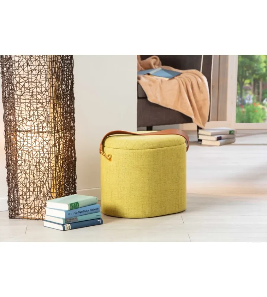 Poltrone E Pouf- Pouf giallo con contenitore e maniglia in ecopelle, 42x30x36cm