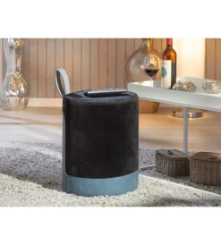 Poltrone E Pouf|Pouf nero e azzurro con maniglia in ecopelle, 38x32,5x43 cm