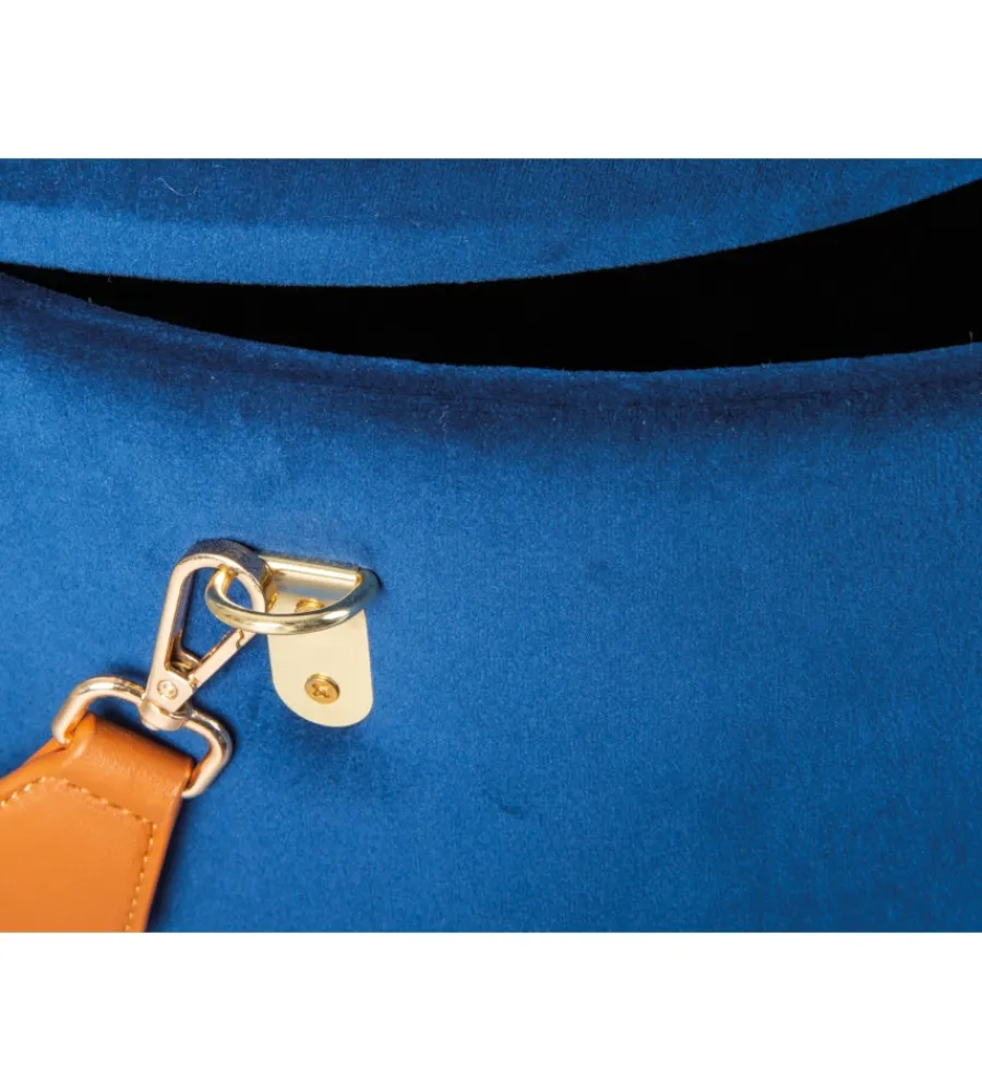 Poltrone E Pouf- Pouf "secchiello" in velluto blu con maniglia, 35x35x45 cm