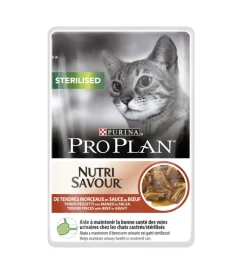 Purina Alimenti Umido Gatto|Pro plan  sterilised, alimento umido per gatto, teneri pezzetti in salsa con manzo.