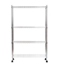 Decorazione Ambienti|Scaffale in metallo cromato 4 ripiani con ruote, 89x34x142 cm