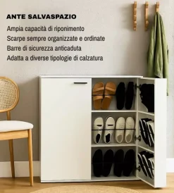 BellaHome Scarpiere|Scarpiera 2 ante con ante salvaspazio bianco 100x33,8x110 cm