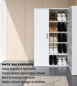 Scarpiere-BellaHome Scarpiera 2 ante con ante salvaspazio bianco 80x33,4x180 cm