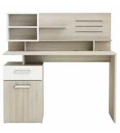 Scrivanie E Cassettiere- Scrivania con sopralzo bianco e quercia, 121x58x119 cm
