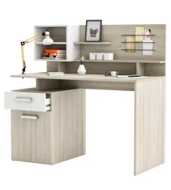 Scrivanie E Cassettiere- Scrivania con sopralzo bianco e quercia, 121x58x119 cm