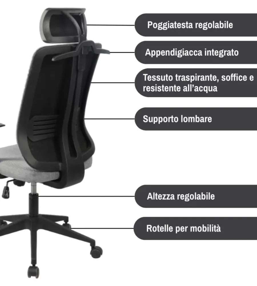 BellaHome Sedie Ufficio|Sedia da ufficio traspirante "yale" con braccioli, poggiatesta regolabile, appendigiacca in tessuto grigio 62x65x114-123 cm