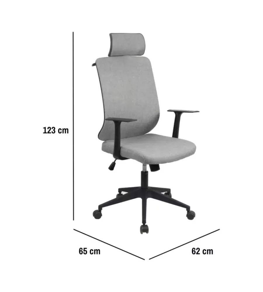 BellaHome Sedie Ufficio|Sedia da ufficio traspirante "yale" con braccioli, poggiatesta regolabile, appendigiacca in tessuto grigio 62x65x114-123 cm