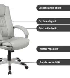 BellaHome Sedie Ufficio|Sedia ufficio "columbia" con braccioli in ecopelle grigio 66,5x70x109-118 cm