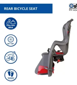 Bici- Seggiolino posteriore grigio scuro e rosso per bicicletta per bambini, max. 22 kg, da 3 a 8 anni - si fissa al portapacchi