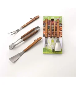 Discount Set 3 pezzi in acciaio inox con manico in legno Barbecue