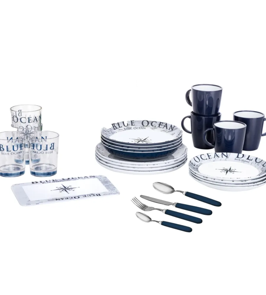Outlet Set 36 stoviglie da campeggio "blue ocean" in melamina antiscivolo Campeggio