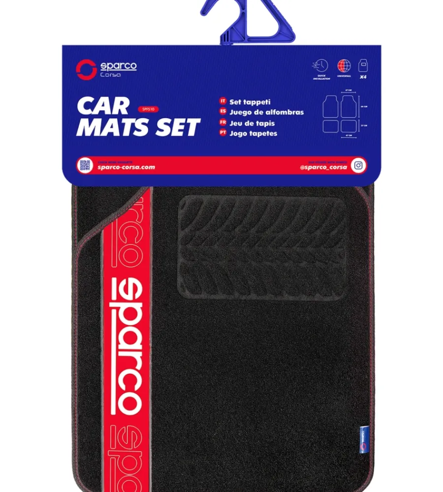 Sparco Auto Interno|Set 4 tappetini per auto nero/rosso in moquette