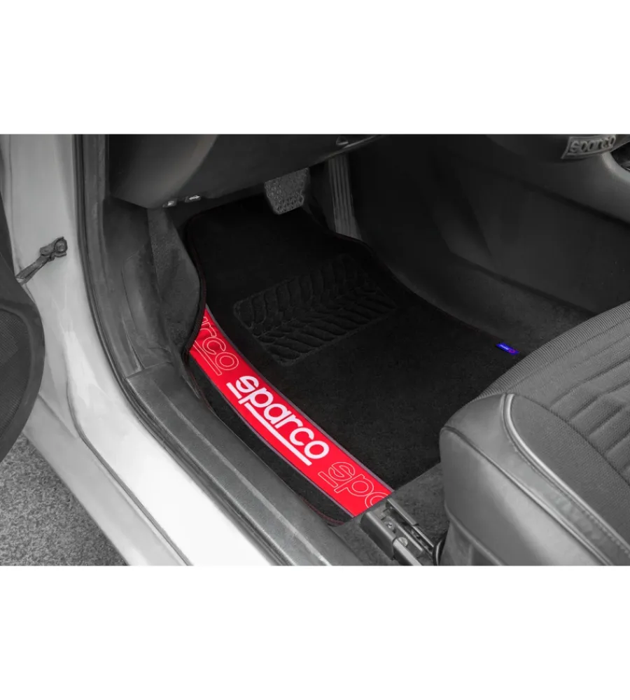 Sparco Auto Interno|Set 4 tappetini per auto nero/rosso in moquette