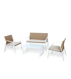 Mobili Da Giardino E Accessori- Set da giardino essenza "madeira" in acciaio bianco 4 posti