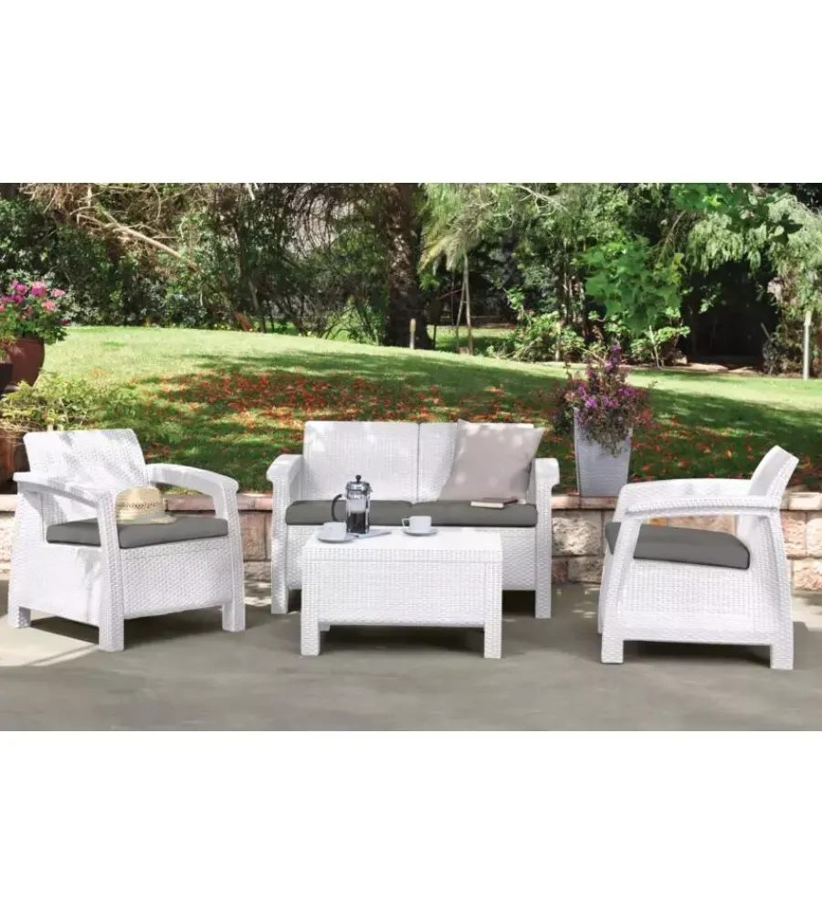 Mobili Da Giardino E Accessori-Keter Set da giardino "corfu lounge" in polipropilene bianco 4 sedute e tavolino