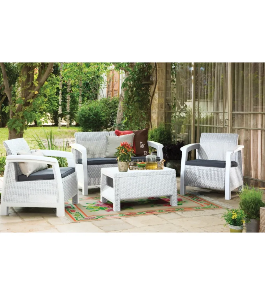 Mobili Da Giardino E Accessori-Keter Set da giardino "corfu lounge" in polipropilene bianco 4 sedute e tavolino