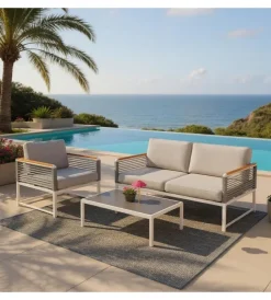 Hot Set da giardino riviera "papavero" bianco e grigio chiaro con 4 posti e tavolino Mobili Da Giardino E Accessori