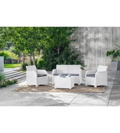 Keter Mobili Da Giardino E Accessori|Set da giardino "rosalie lounge" con due poltrone, divano 2 posti e tavolino colore bianco -