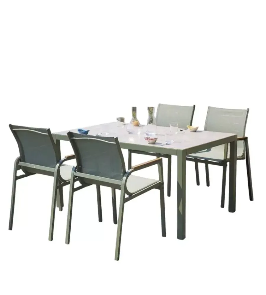Mobili Da Giardino E Accessori- Set da giardino solaria "tarquinia" verde in ferro e vetroceramica 4 sedute e tavolo