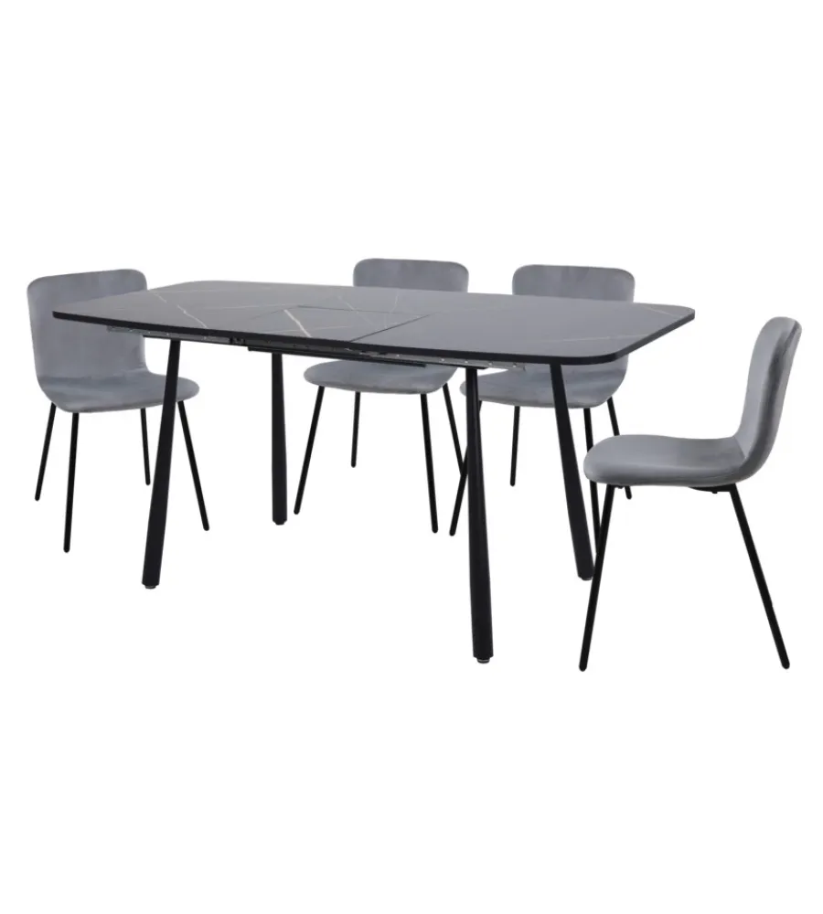 Discount Set pranzo "cabrera" tavolo estensibile nero effetto marmo e 4 sedie velluto grigio Tavoli